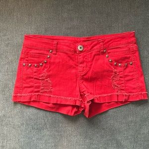 Red Studded Distressed Shorts